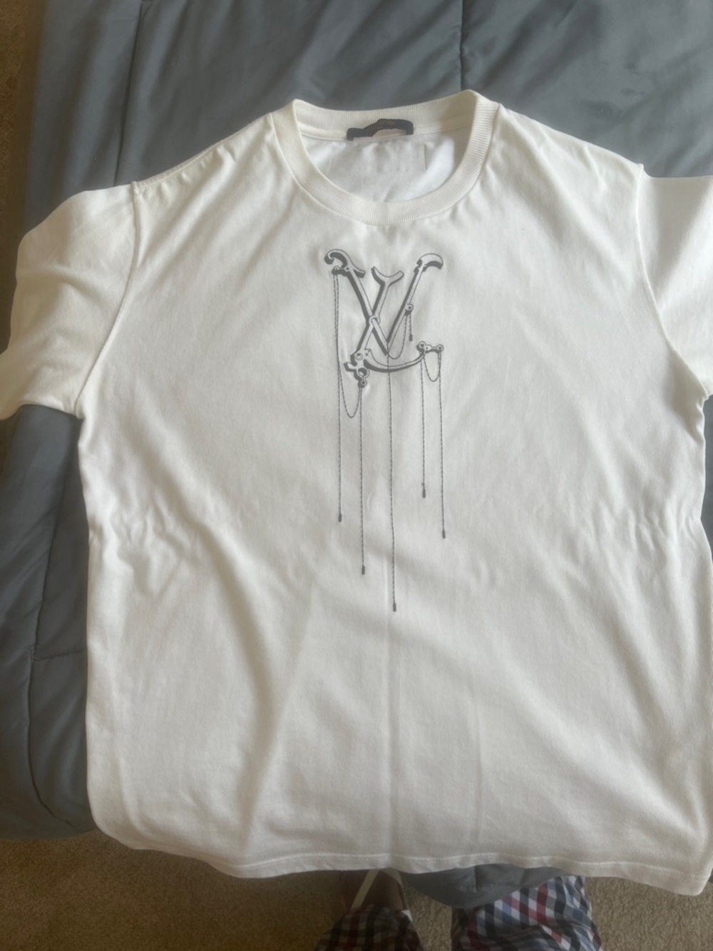 Louis Vuitton White Tee with Gray Monogram Detail